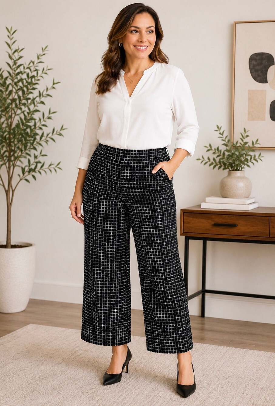 Polished & Poised Petite XL Black White Geometric Pull-On Career Pants Stretch - Picture 9 of 9